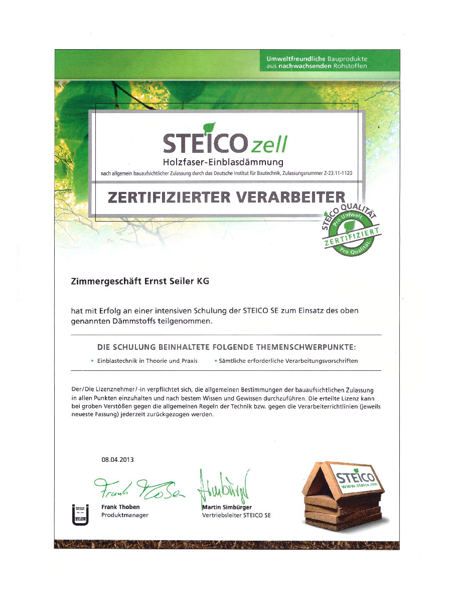 Seiler - Zertifikate - Steicozellurkunde